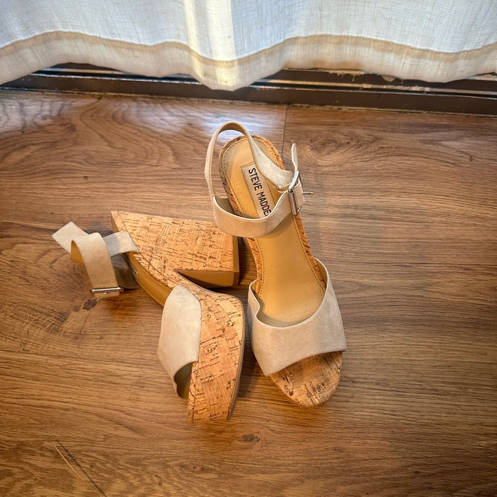 Steve Madden Suede Platform Cork Wedge Sandals - Picture 3 of 4